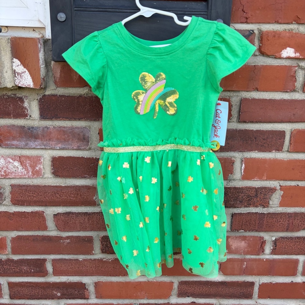 Cat & Jack Girls St Patricks Day Shamrock Tutu Dress Green‎ Gold Sequin 3T NWT